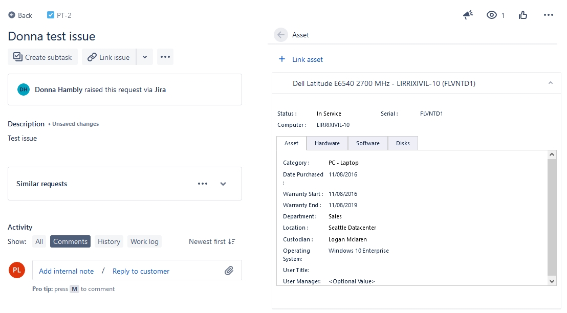 xAssets JIRA Asset Panel Integration - Screenshot